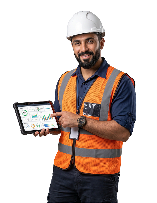 Construction professional presenting the ProTenders dashboard on a tablet