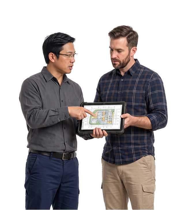 Two construction professionals reviewing a tender drawing on a tablet