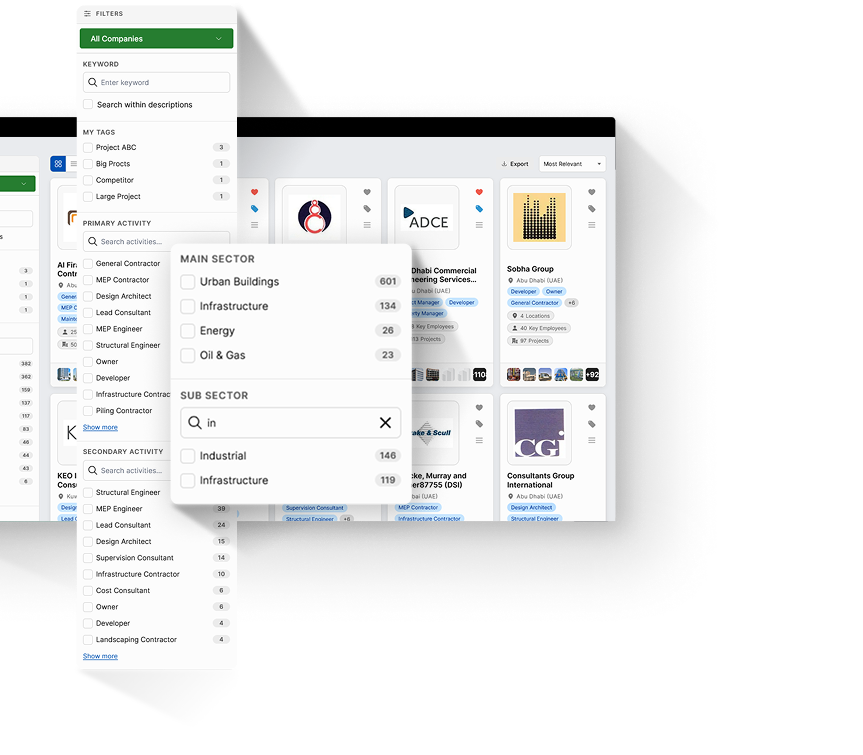 ProTenders company directory with filters and company cards