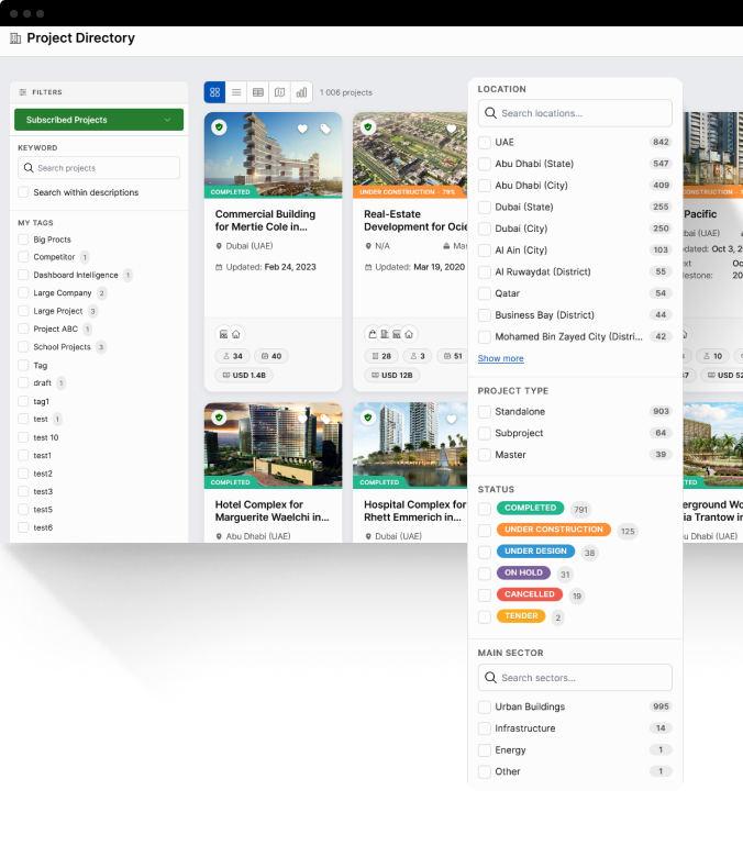 ProTenders project directory with location, project type and status filters